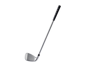 A metallic golf club angled towards the top right on a black background