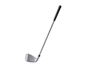 A metallic golf club angled towards the top right on a black background