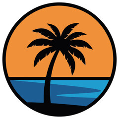 Tropical Palm Tree Silhouette at Sunset Over Ocean in Circular Frame