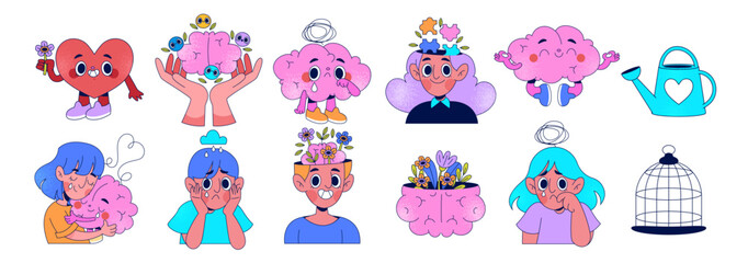 Mental Health Character Asset Set with Emotions, Brain, Heart, and Symbolic Elements Original Set