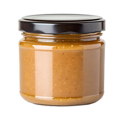 A jar filled with creamy peanut butter sits on a plain surface, ready for spreading or cooking