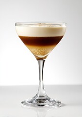 Layered espresso cocktail in coupe glass; creamy top, espresso middle, thin layer of foam at the espresso-cream interface, sprinkled with spice