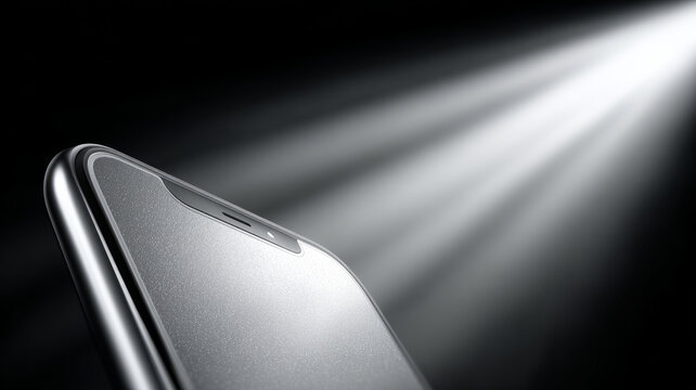 Sleek smartphone in spotlight on dark background, elegant tech image.