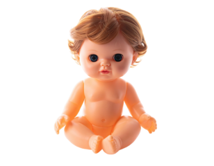 Plastic baby doll with auburn hair sitting with legs crossed