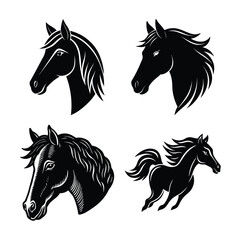 Vector art of four black horse images including heads and a running horse