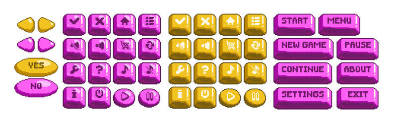 Fototapeta na wymiar Pixel game buttons kit isolated on white. Vector illustration of old software ui design elements, pink and yellow set of arrows, square round controllers with icons, menu bars, retro user interface