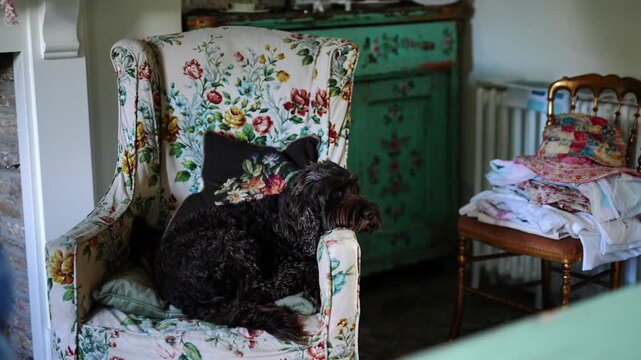 A black dog is laying on a floral chair in a room. The chair is covered in a floral pattern and has a pillow on it. The room has a green dresser and a wooden chair