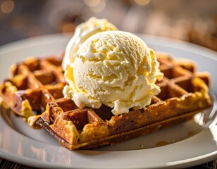 A waffle with a scoop of vanilla ice cream