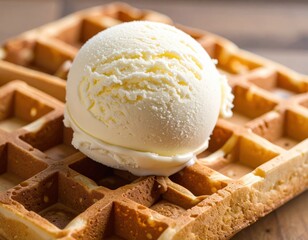 A waffle with a scoop of vanilla ice cream