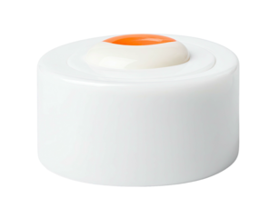 A cylindrical white object with a smaller top of white and orange colors