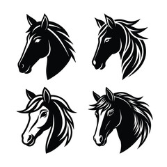 Vector art of collection of four stylized black horse head illustrations