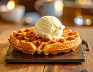 A waffle with a scoop of vanilla ice cream
