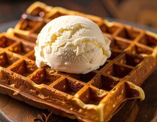 A waffle with a scoop of vanilla ice cream