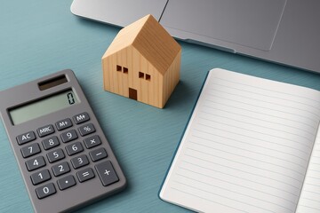 Homeownership dream unfolds with careful financial planning, calculator and wooden house model neatly arranged on a calming teal desk, symbolizing future investment