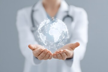 young digital health researcher holding a glowing holographic globe with medical data network lines, HealthTech global innovation theme, 3d animation, isolated on a white background