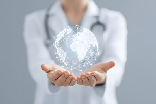 young digital health researcher holding a glowing holographic globe with medical data network lines, HealthTech global innovation theme, 3d animation, isolated on a white background