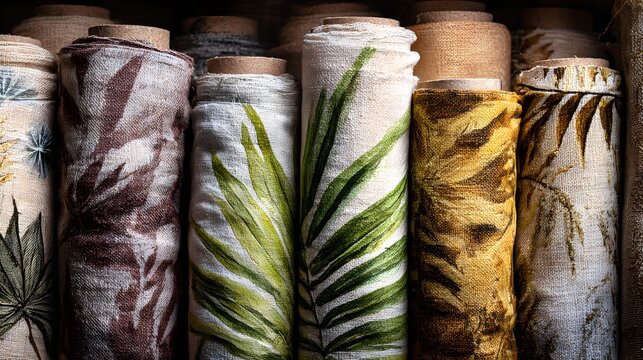 Rolled textiles showcase various printed patterns, including botanical foliage designs, featuring a range of earth-toned colors like greens and browns, presented in a  view.