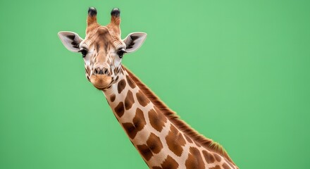 Obraz premium Close up portrait of a curious giraffe with distinctive spots against a vibrant green background