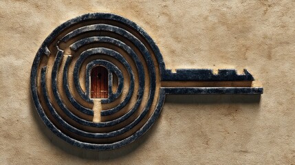 Intricate labyrinth key with wooden door symbolizing access and solutions