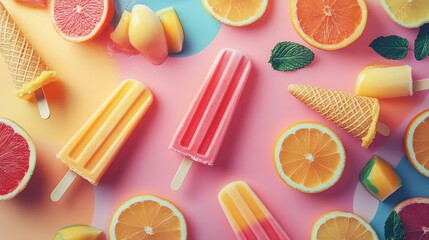A vibrant summer treat! Ice cream cone and popsicles surrounded by citrus slices on a colorful background. Perfect for warm days.