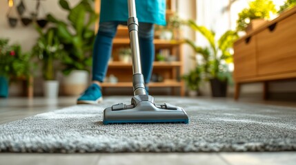 Bright Sunlit Room with Contemporary Carpet Cleaner and Indoor Plants Showcasing Daily Chores