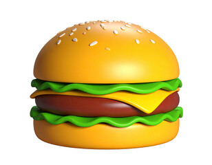 A bright, glossy, 3D-rendered cheeseburger with realistic detail, isolated
