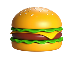 A bright, glossy, 3D-rendered cheeseburger with realistic detail, isolated