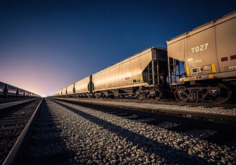 Obraz premium Freight wagons illuminated by moonlight with stars scattered above and faint shadows stretching across gravel yard in cinematic hyper detailed railway night scene