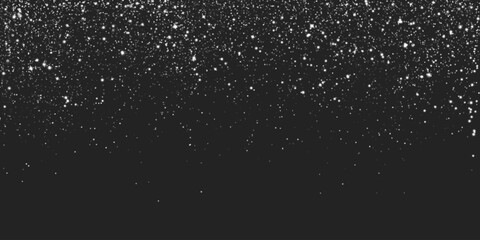 Silver glitter shimmering on black background. Vector realistic illustration of glowing white sparkles, shiny confetti falling, festive holiday particles spray effect, magic Christmas snowy decor © klyaksun