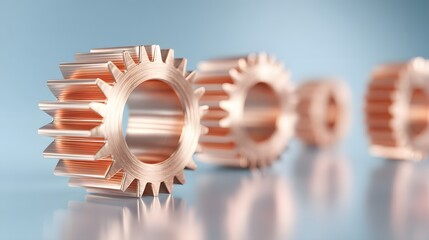 Intricate arrangement of copper gears in a row, exhibiting detailed mechanical components with a shallow depth of field emphasizing sharpness, highlighting their metallic texture and reflections...
