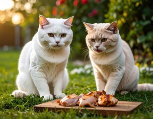 british shorthair cat with chicken