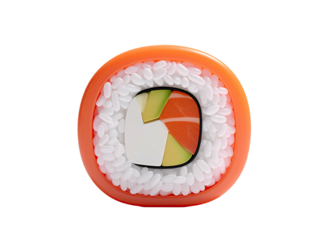 Overhead view of a single sushi roll, ingredients visible on a black background