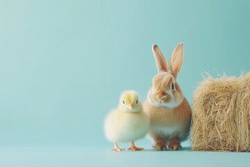 Obraz premium Bunnies and duckling beside hay bale 