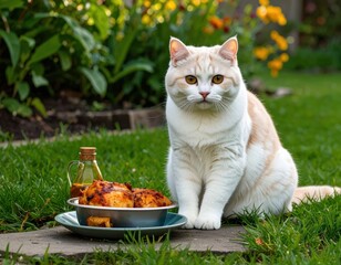 british shorthair cat with chicken