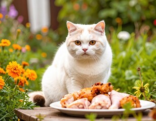 british shorthair cat with chicken