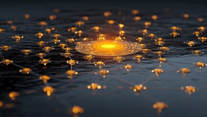 Glowing orb at network center; nodes connect via thin lines on dark, reflective surface; radiating light