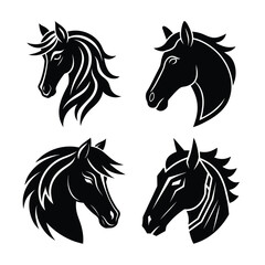 Vector art of set of four black horse head graphics with flowing manes