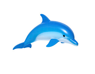 Fototapeta premium A vibrant, cartoon-like blue dolphin leaps against a stark black background