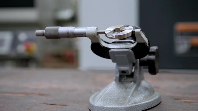 Close-up of a high-precision micrometer or measuring tool on a stand, used for quality control and accurate measurement of a metal part in a manufacturing factory