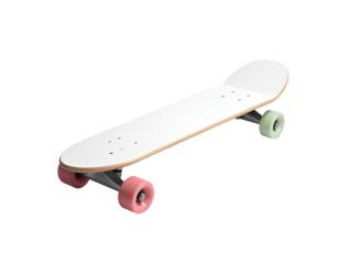 Isolated skateboard with white deck and colorful wheels on a black background