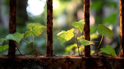 Vibrant green leaves emerge from an old, rusty metal fence, capturing a beautiful composition with blurred background bokeh, showcasing the delicate details of nature's resilience and growth in a...