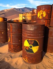 Rusty barrels in desert landscape