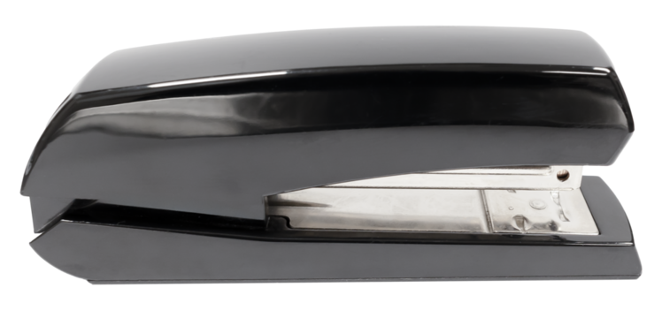 Black metal office stapler isolated on white, office tool supplier concept.