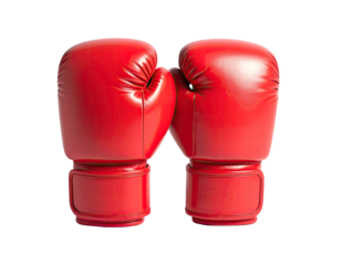 Two vibrant red boxing gloves set against a transparent background