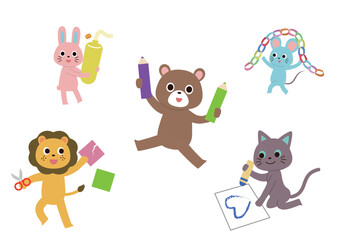 いろんな工作に取り組んでいるかわいい動物たち