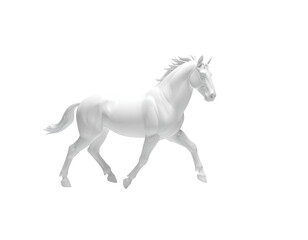 A sleek, white horse in graceful motion, isolated against a black background
