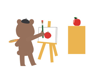 りんごの絵をキャンバスに描いているくまさん