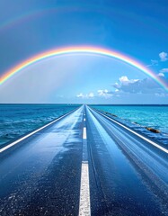 Wet road stretches to horizon, rainbow