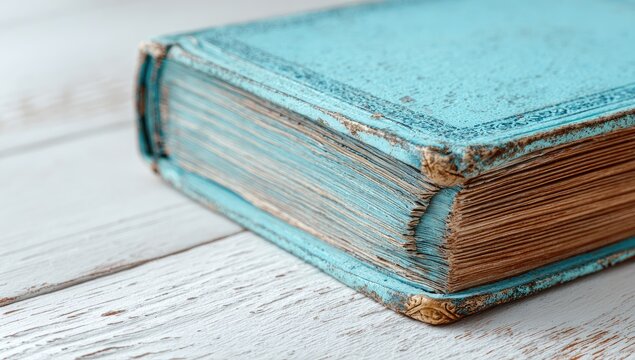 Aged teal book with worn cover and gilded edges rests on a white wooden surface, showing its aged pages - Powered by Adobe