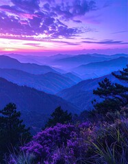 Purple layered mountain range at dusk